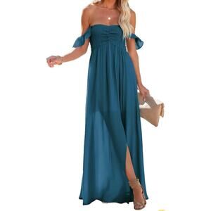 NWT Smocked Off Shoulder Maxi Dress WOMENS SIZE XL Blue A Line Slit Romantic